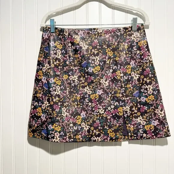 Anthropologie Maeve Floral Faux Leather Mini Skirt Side Slit Size 8 - Picture 2 of 6